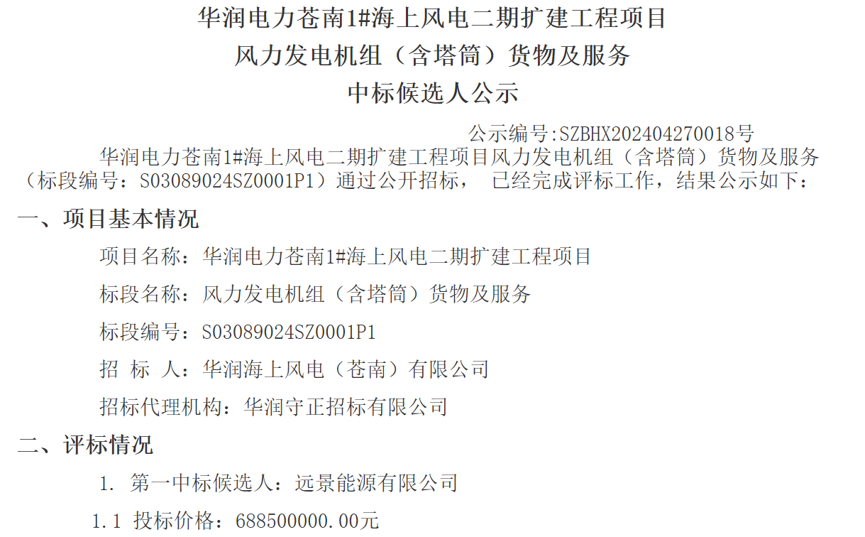 华润电力200MW海上风电二期扩建工程项目中标候选人公示