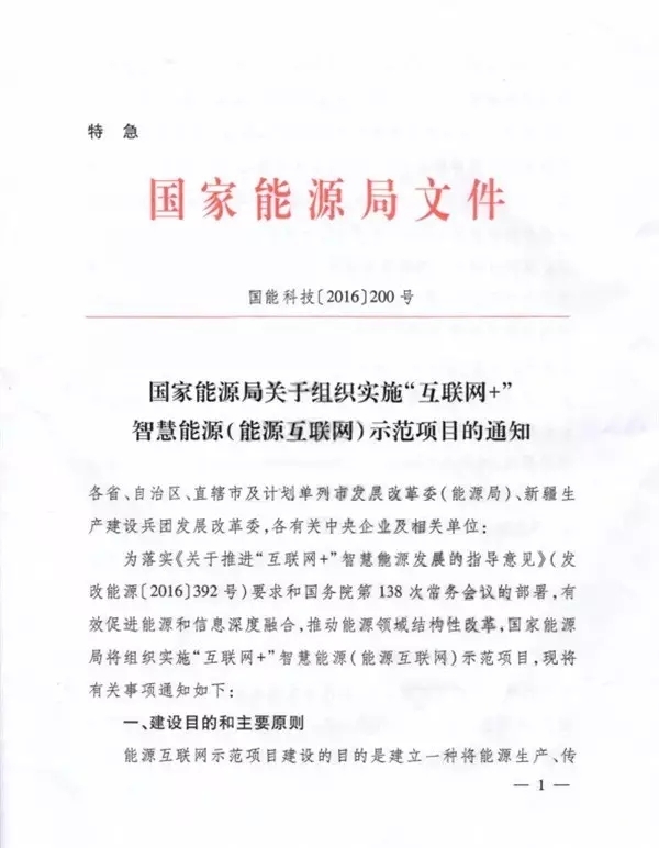 国家能源局关于组织实施“互联网+”智慧能源示范项目的通知